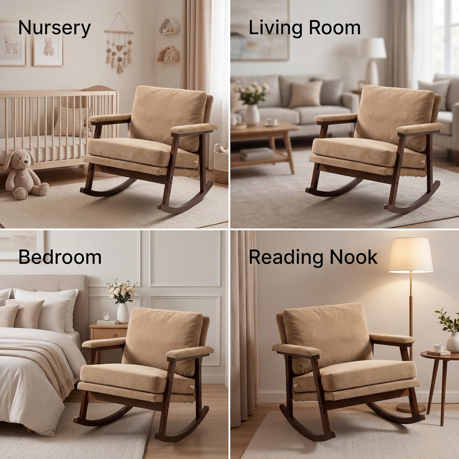 Nursery Rocking Chair, Compact Upholstered Rocker with Solid Wood Legs, Cozy Nursing Glider Chair for Mom, Small Space Chair for Nursery, Bedroom (Khaki)