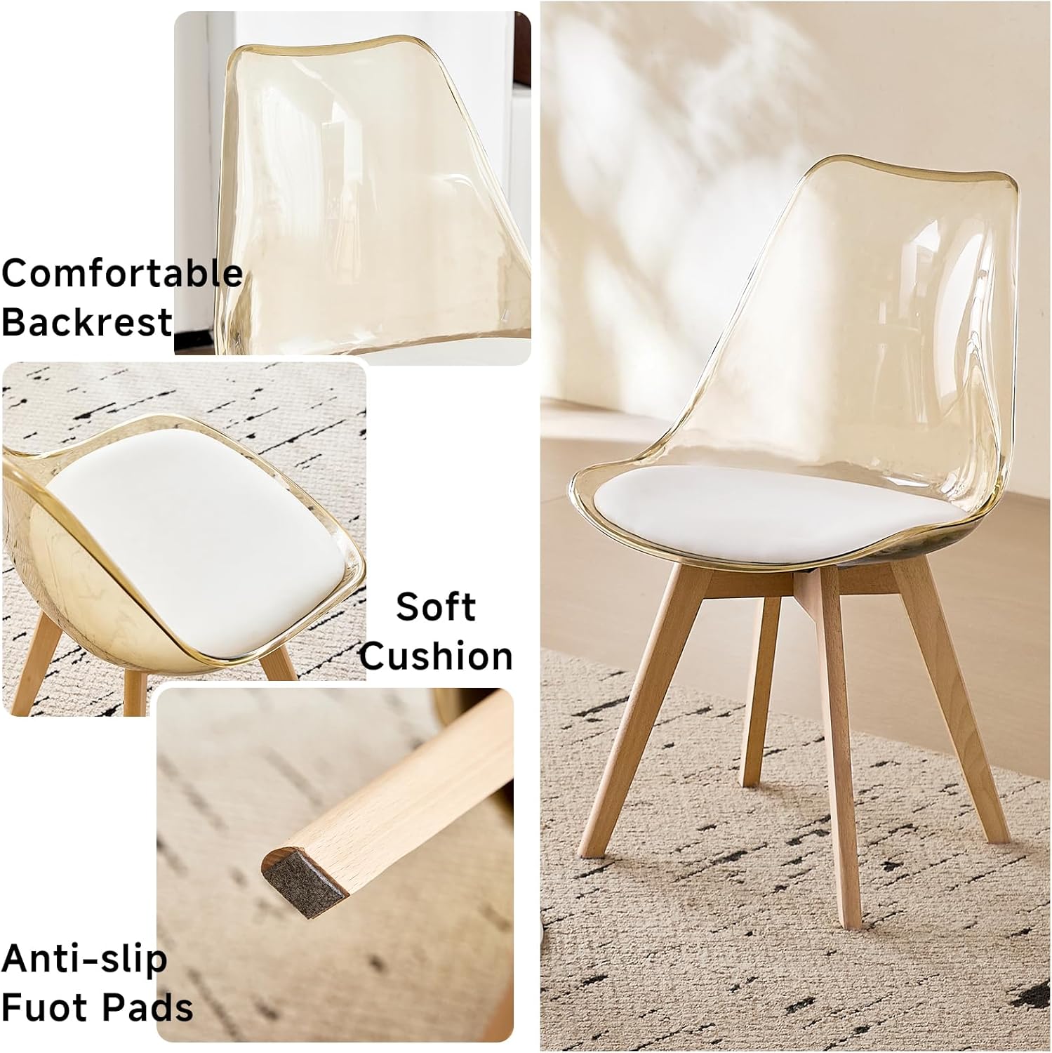 Dining Chairs Set of 4, Clear Acrylic Mid Century Modern Kitchen Chairs with Soft Padded and Wood Legs for Dinner Living Waiting Room Bedroom, Light Brown