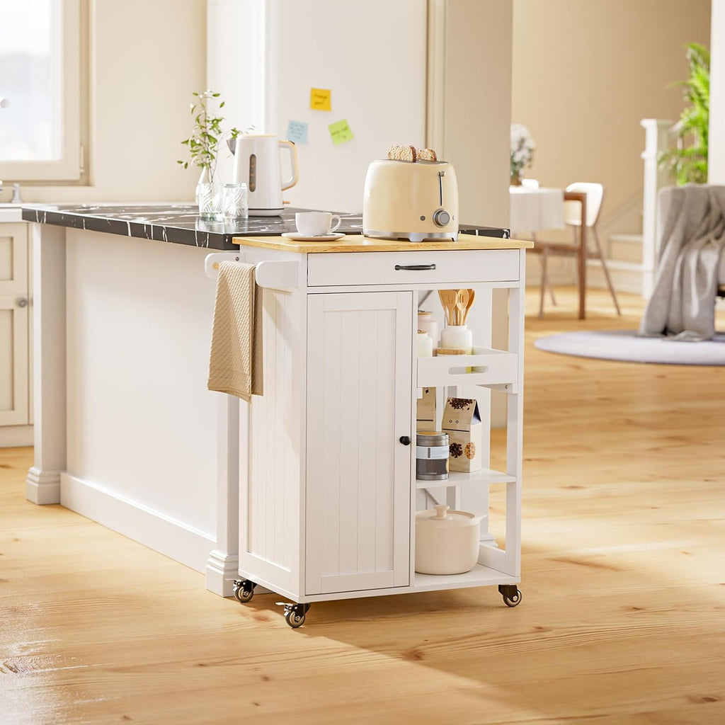Gizoon Kitchen Island Cart with Storage Cabinet & Removable Tray | 27.6''W Mobile Kitchen Cart with Drawer, Towel Rack, 3 Hooks, 3 Open Shelves, Utility Trolley Cart for Dining Room, White