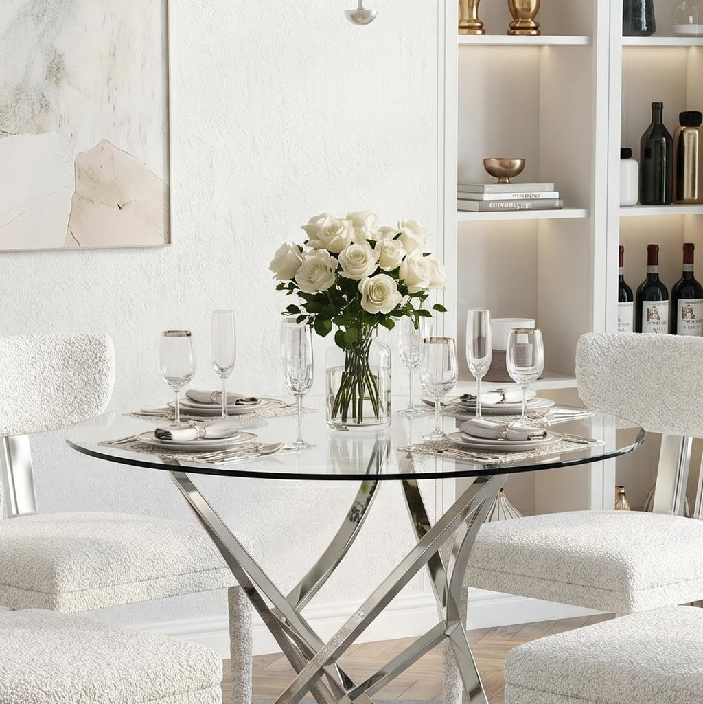 Round Glass Dining Table, 36" Small Kitchen Table for 2-4, Modern Dining Room Table with Clear Tempered Glass Top and Silver Stainless Steel Legs for Apartment, Small Space
