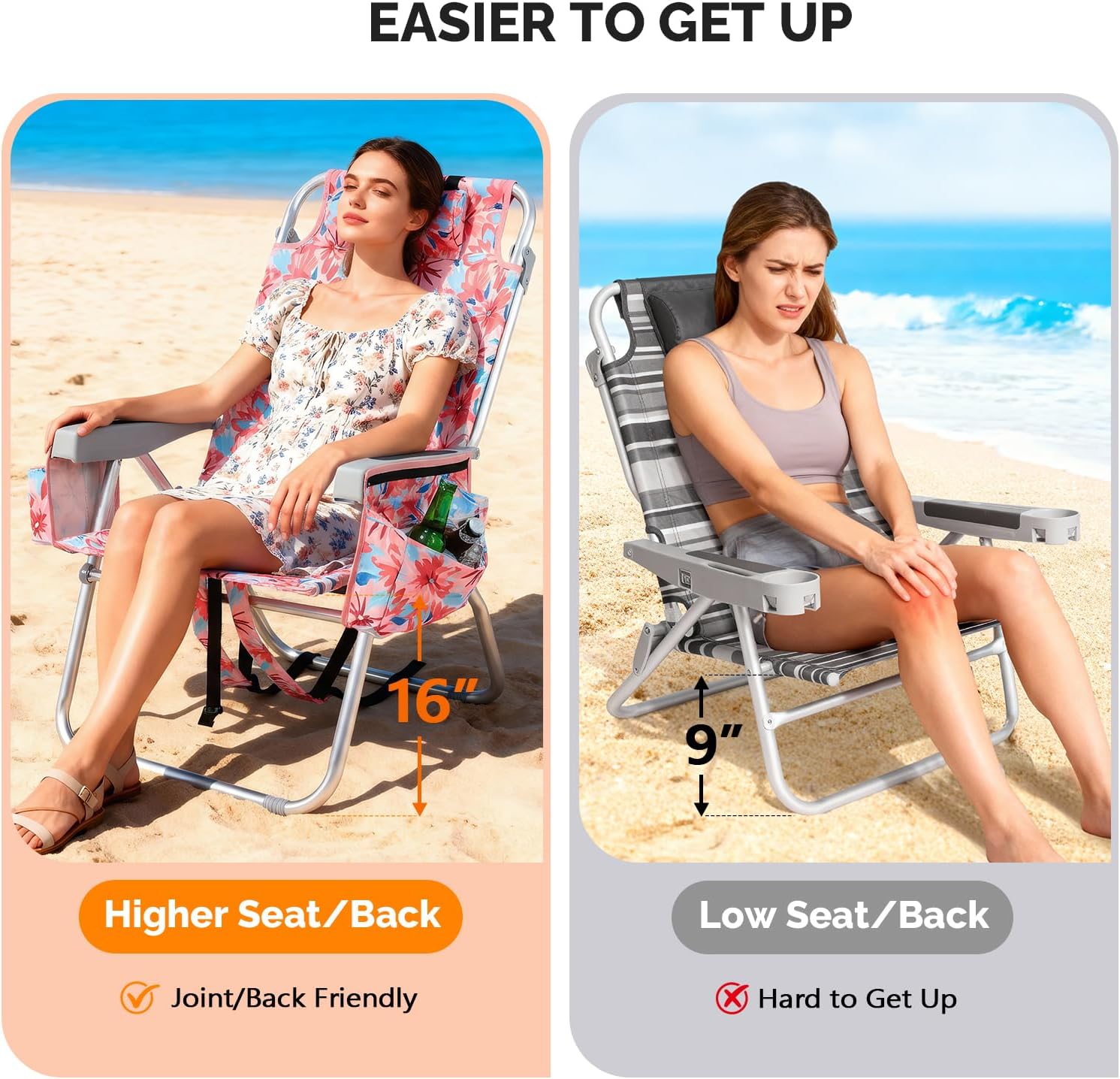 VINGLI Tall Beach Chair 2 Pack Lightweight, Backpack Beach Chair for Adults with 5-Position, Cooler Bag, Cup Holders, Towel Bar, Lightweight Folding Beach Camping Chairs