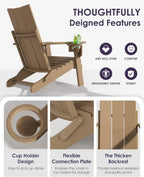 Folding Adirondack Chairs, All-Weather Resistant HDPE Patio Firepit Chairs, Sturdy Outside Chairs with Cup Holder, Pre-Installed Lawn Chairs Load Capacity 385lb, Weathered Wood