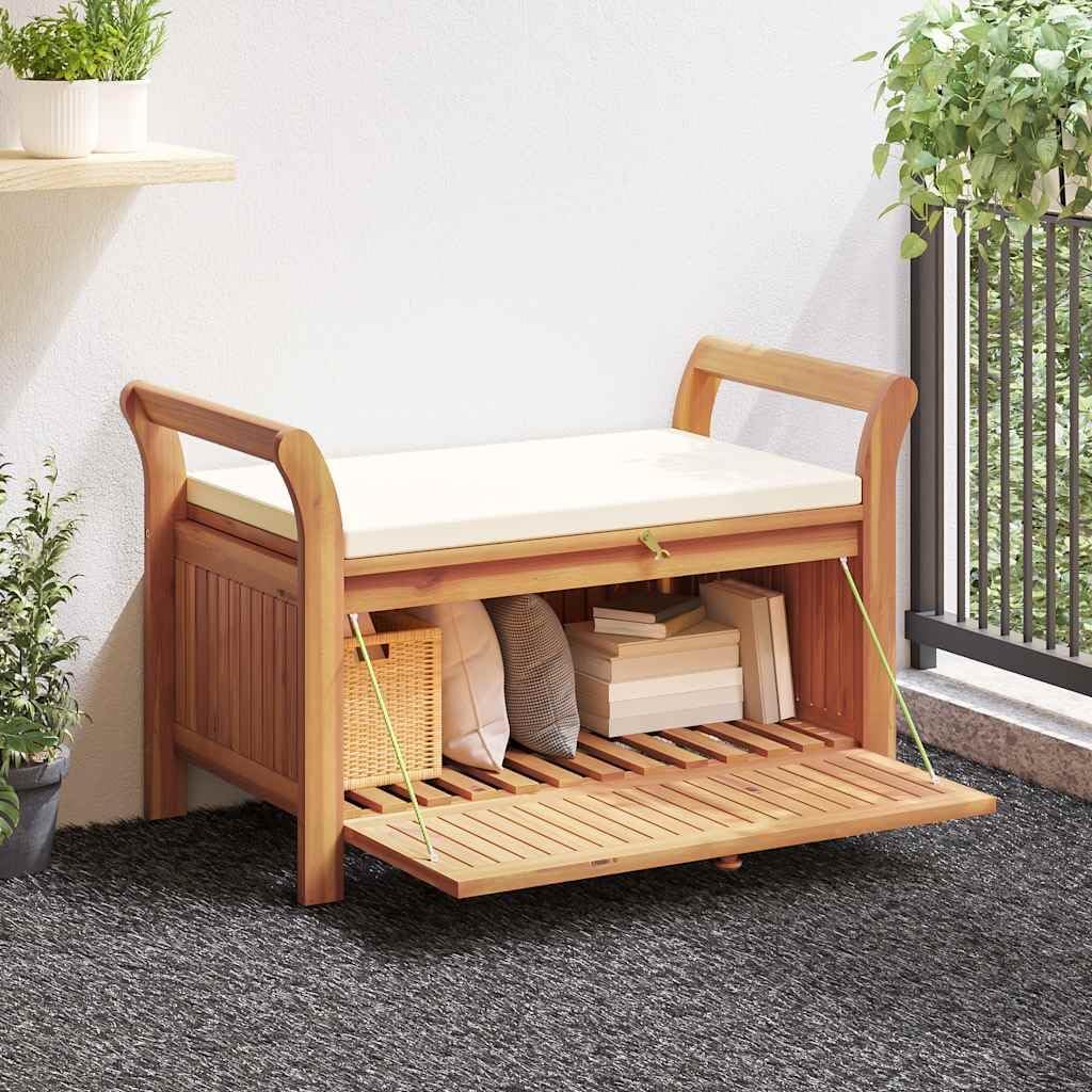 Acacia Wood Patio Storage Bench with Cushion, 49.6 Inch Outdoor Garden Storage Bench with Curved Arms, Solid Wooden Seat for Cushions Pillows Blankets Toys