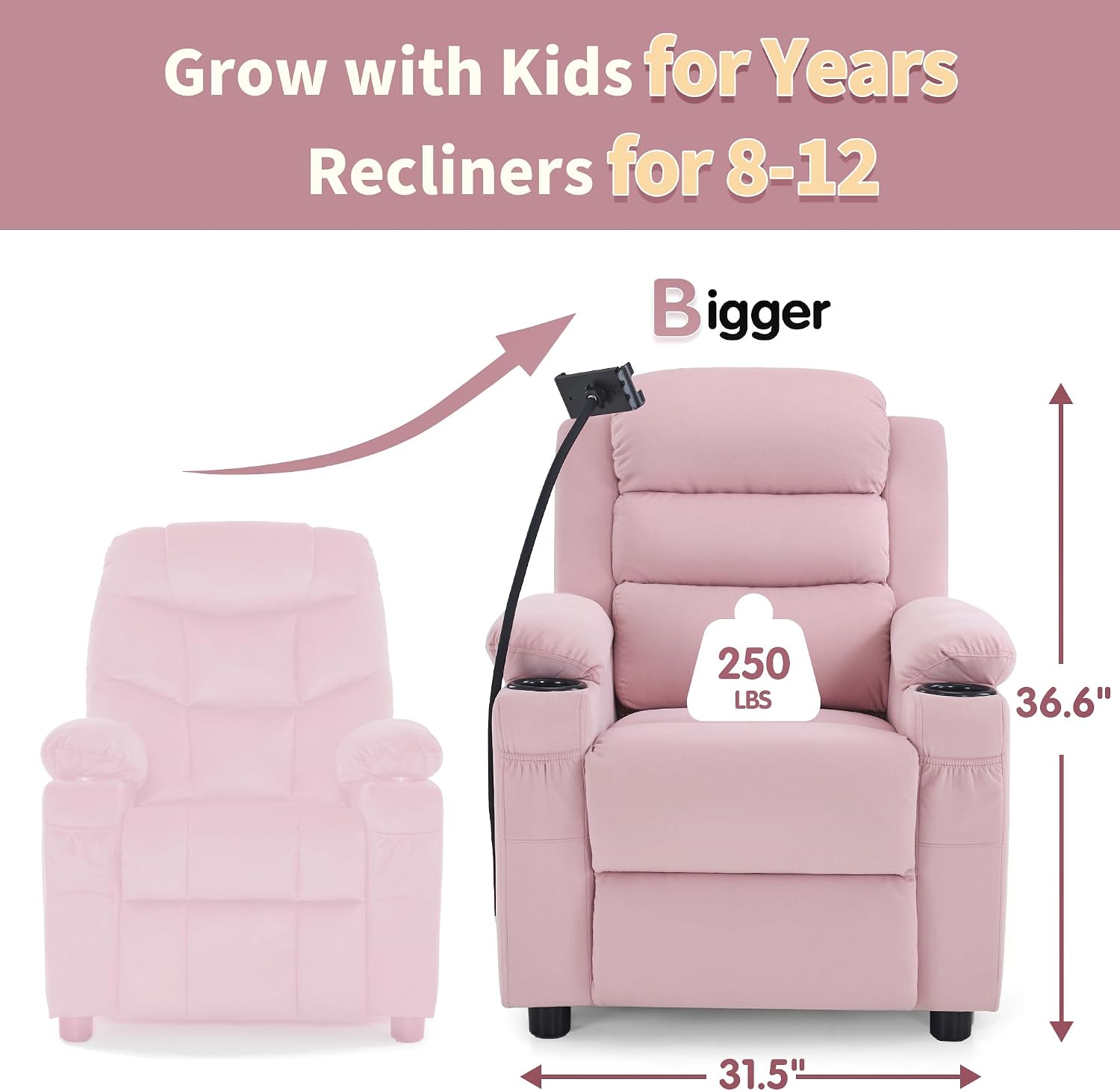MCombo Bigger Kids Recliner for Ages 5+, Teens Recliner with iPad Stand, Child Reclining Chair with Cup Holders (Pink)