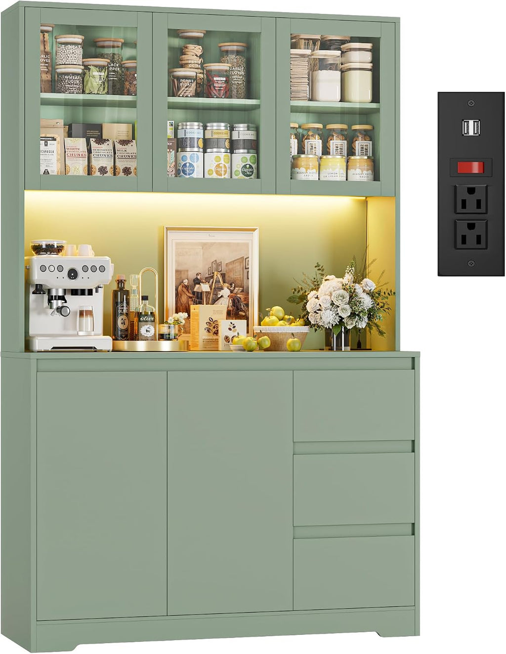 FINETONES 71" Kitchen Pantry Cabinet with LED Lights and Charging Station, Modern Kitchen Hutch Cabinets with Storage and Microwave Stand, Pantry Cabinet Buffet with Countertop, Green