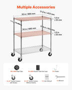 VEVOR Kitchen Utility Cart, 3 Tier Heavy Duty Adjustable Wire Storage Rack, Commercial Steel Rolling Service Trolley on Wheels, Work Table with Handle Bar, for Garage and Laundry Room, 35x17.8x40.9 in