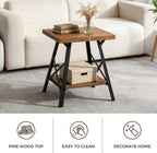 Solid Wood End Table, 2 Tier Square Side Table with Storage Shelf, Solid Pine Top, Sturdy Metal Legs Nightstand for Small Spaces, Living Room, Bedroom, 20 x 20 x 24.8 in, Rustic Brown