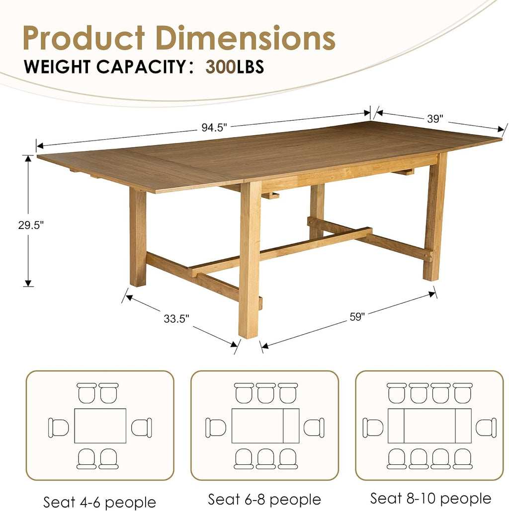 9-Piece Farmhouse Dining Table Set for 8, 59"-94" Extendable Kitchen Table & Upholstered Chairs, Solid Wooden Table with Woven Ratten Chair Living Room Restaurant - Natural/Natural
