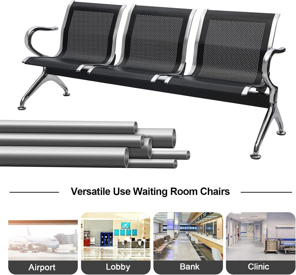 kinbor Waiting Room Chair - Guest Reception Chairs Waiting Bench with Armrests for Clinic Airport Bank Salon Barber Waiting Area, Black 3 Seat