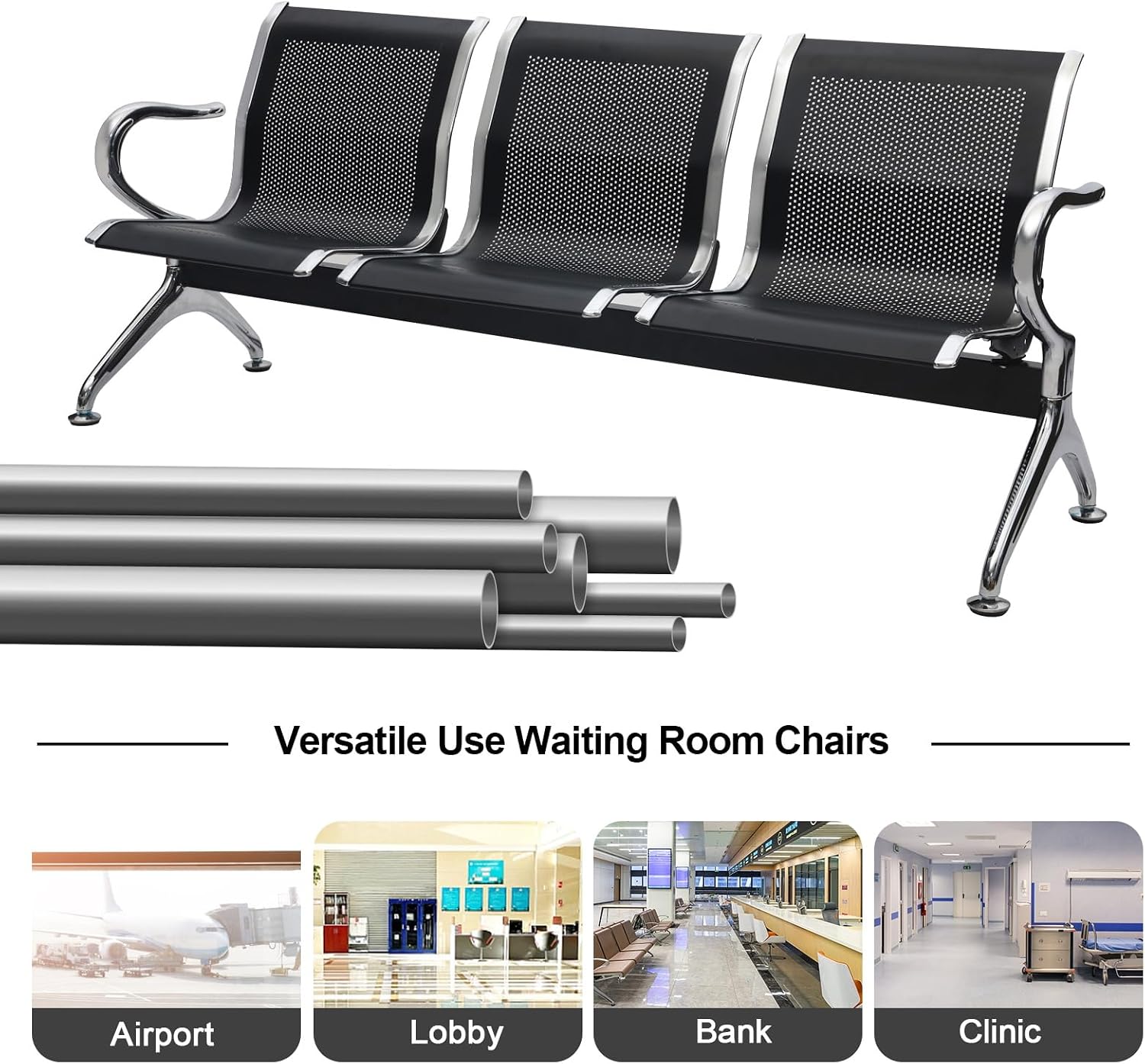 kinbor Waiting Room Chair - Guest Reception Chairs Waiting Bench with Armrests for Clinic Airport Bank Salon Barber Waiting Area, Black 3 Seat
