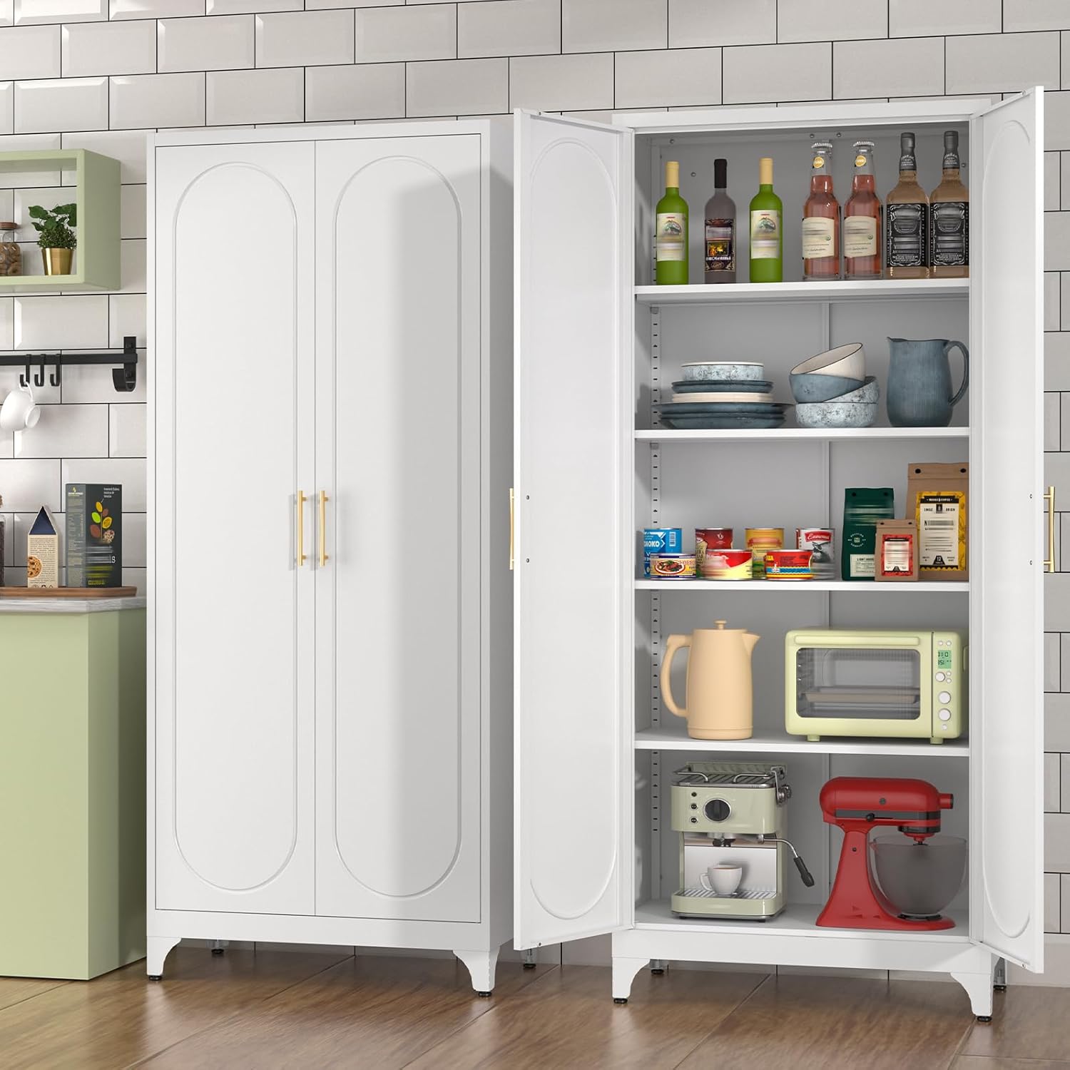 Polup Metal Storage Cabinet with Doors and Shelves, 75 Inch Tall Kitchen Pantry Cabinet, Pantry Cabinets for Kitchen Storage, Freestanding Cupboard for Living, Dining Room, White, Assembly Required