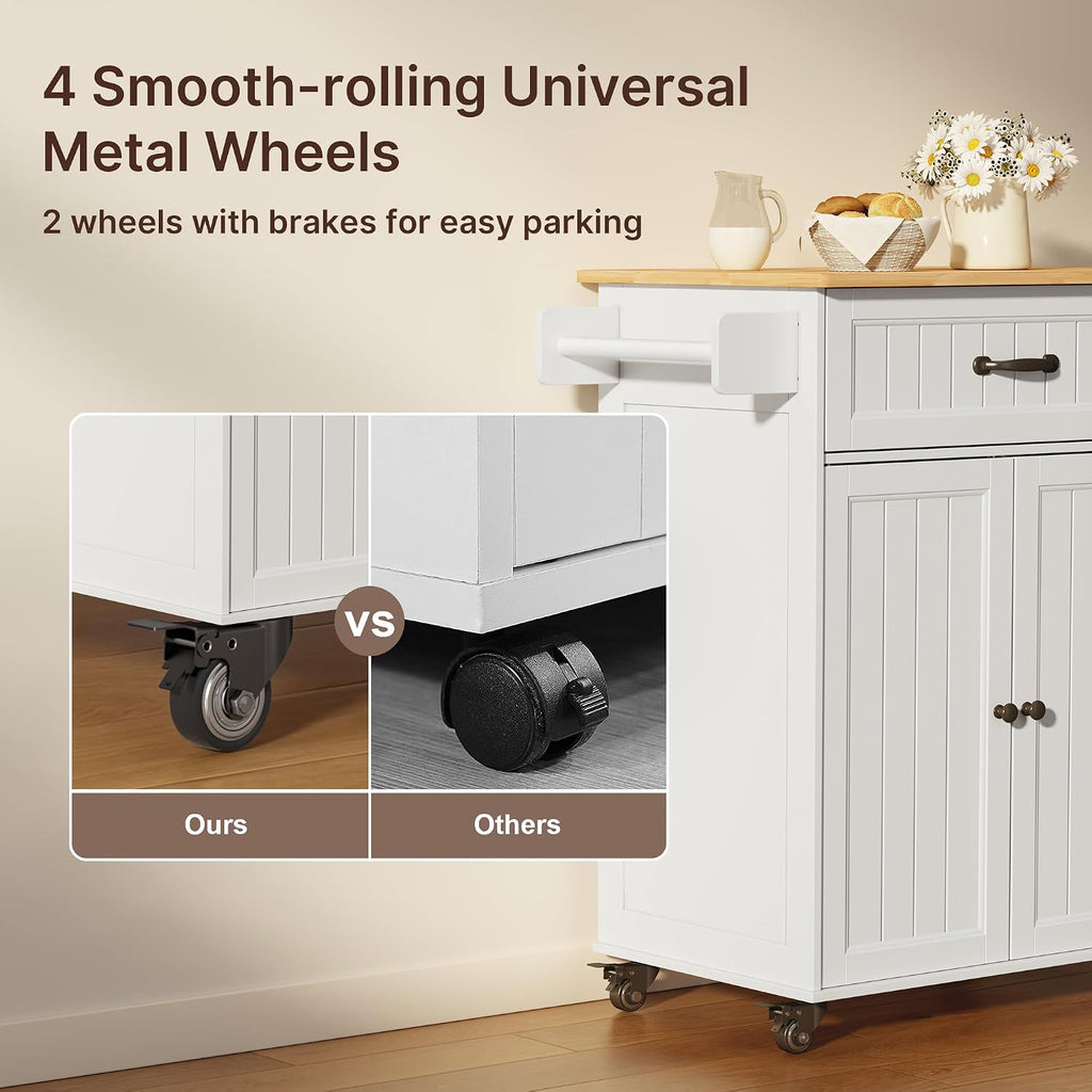 Gizoon Kitchen Island Cart with Adjustable Shelf | Drawer & Storage Cabinet, Spice Rack & Towel Rack, for Dining Room, Bar, White, Tabletop-oak color