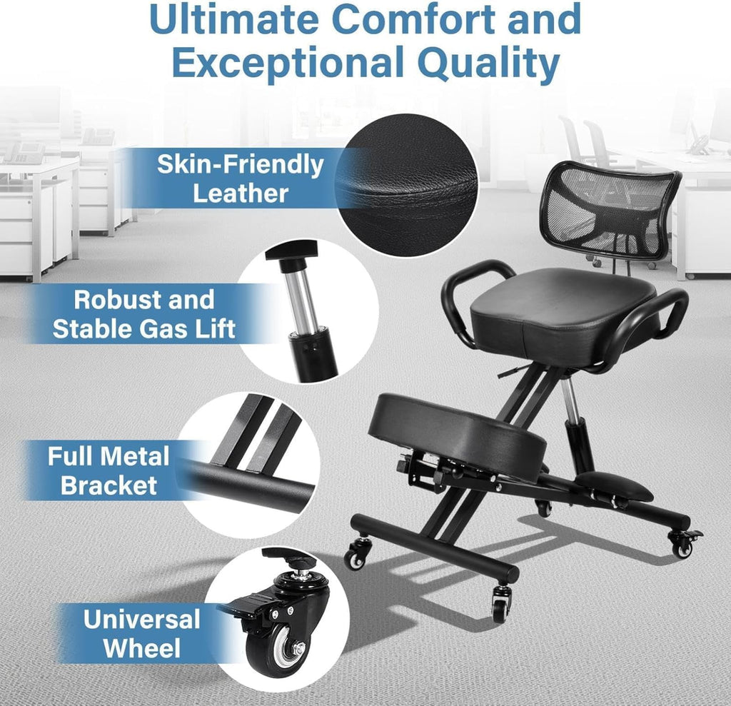 Ergonomic Kneeling Chair with Back Support Height Adjustable PU Stool for Home Office Thick Moulded Foam Cushions Brake Casters Desk Chair to Relieve Back Discomfort