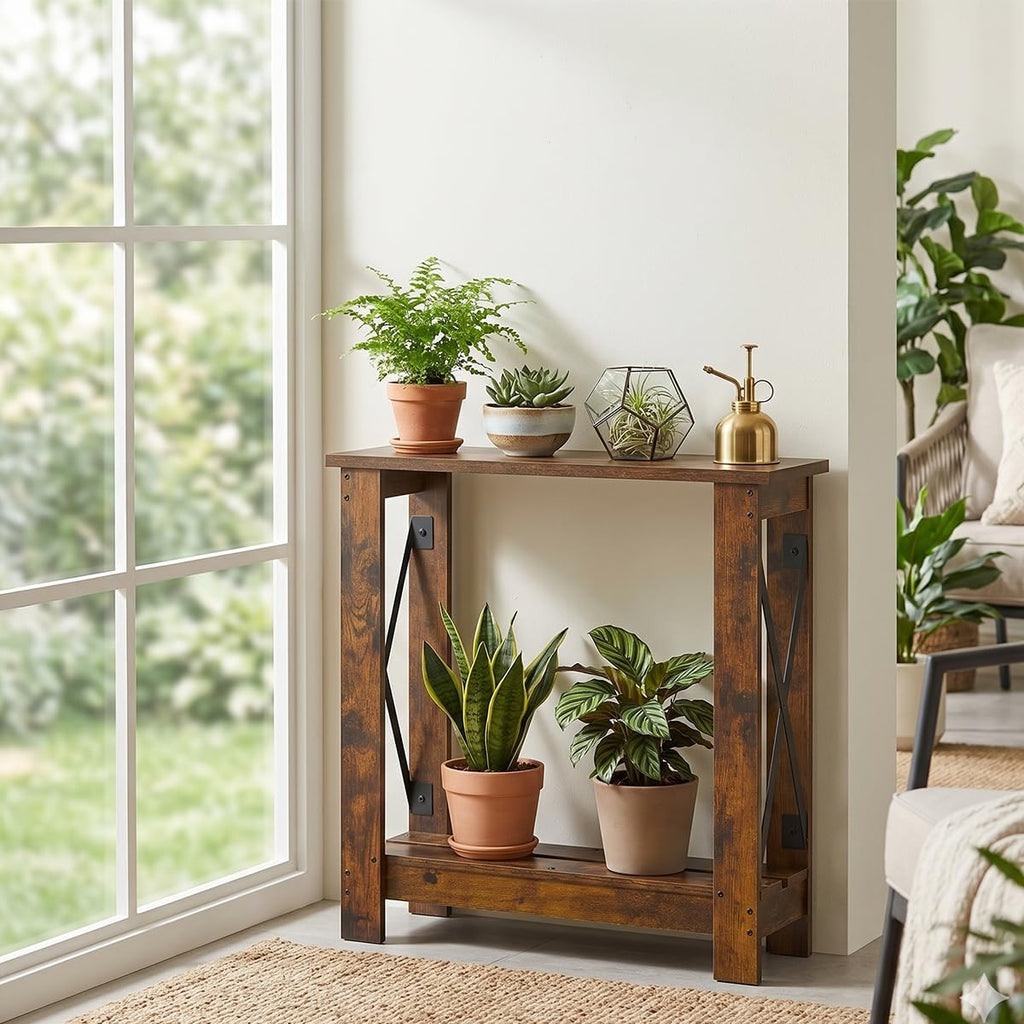Slim Side Table, 6.6 Inch Ultra Narrow End Table with 2 Tier Storage, X-Frame Small Accent Table for Small Spaces, Gap Solution for Couch, Sofa and Living Room, Rustic Brown