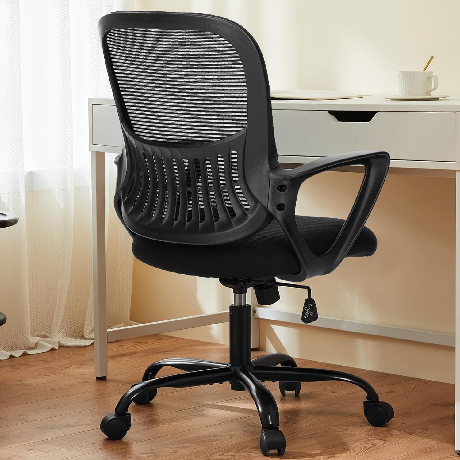 OLIXIS Home Office Chair, Mid Back Computer Ergonomic Mesh Desk with Large Seat, Executive Height Adjustable Swivel Task with Lumbar Support and Armrest, for Adults, Black