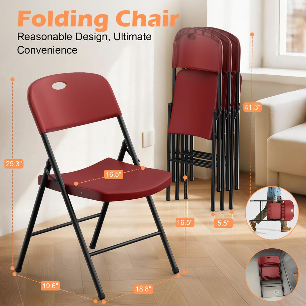 VTOY Heavy Duty Folding Chairs, 450 lbs Capacity Stackable Plastic Chairs, Durable & Comfortable for Indoor Outdoor, Wedding, Party, Patio, Office (Red 2 Pack)