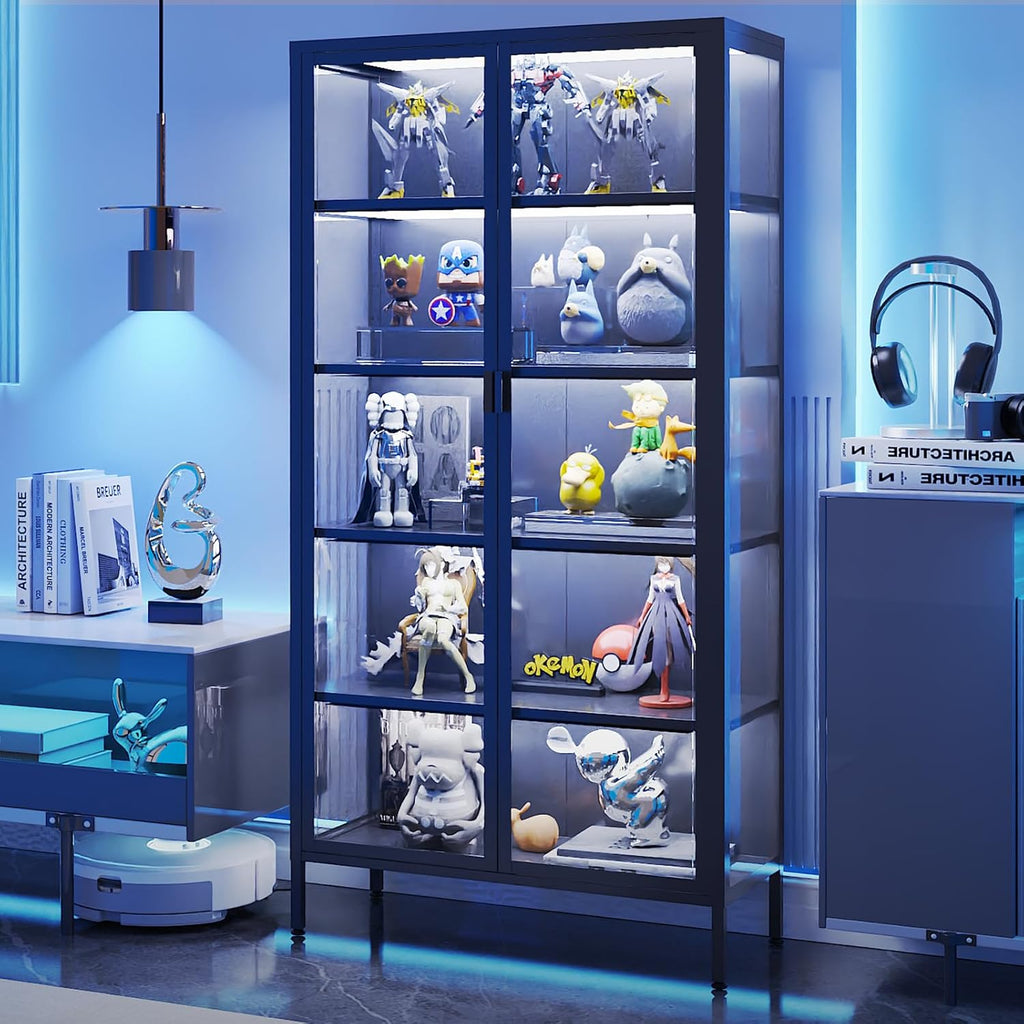 71" H Display Cabinet with Glass Doors,Display Case with LED Sensor Lights,Glass Display Cabinet with Adjustable Shelves and Feet,Display Cabinets for Living Room/Bedroom/Kitchen