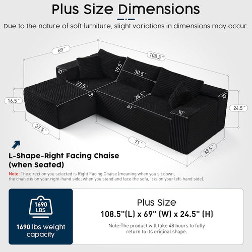 108” Modular Sectional Sofa, Right Facing Chaise (Sitting: Chaise on Your Right), Black Corduroy Cloud Couch, Deep Seat 5-Seater, Converts to Bed, No Assembly Required for Living Room
