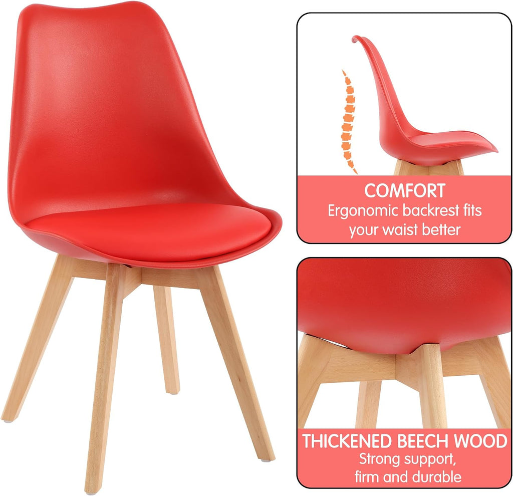 LSSBOUGHT Mid Century Modern Dining Chairs,Shell Lounge Plastic Side Chair with Soft Padded and Wooden Legs for Dining Room Living Room Bedroom Kitchen Set of 2 (red)