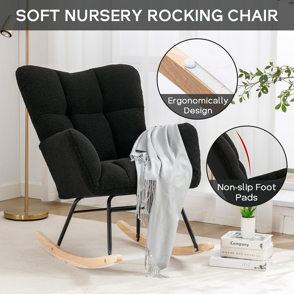 Modern Nursery Rocking Chair, Upholstered Glider Chair with High Backrest, Rocker Accent Armchair with Solid Wood Legs for Nursery Bedroom Living Room (Black Teddy)