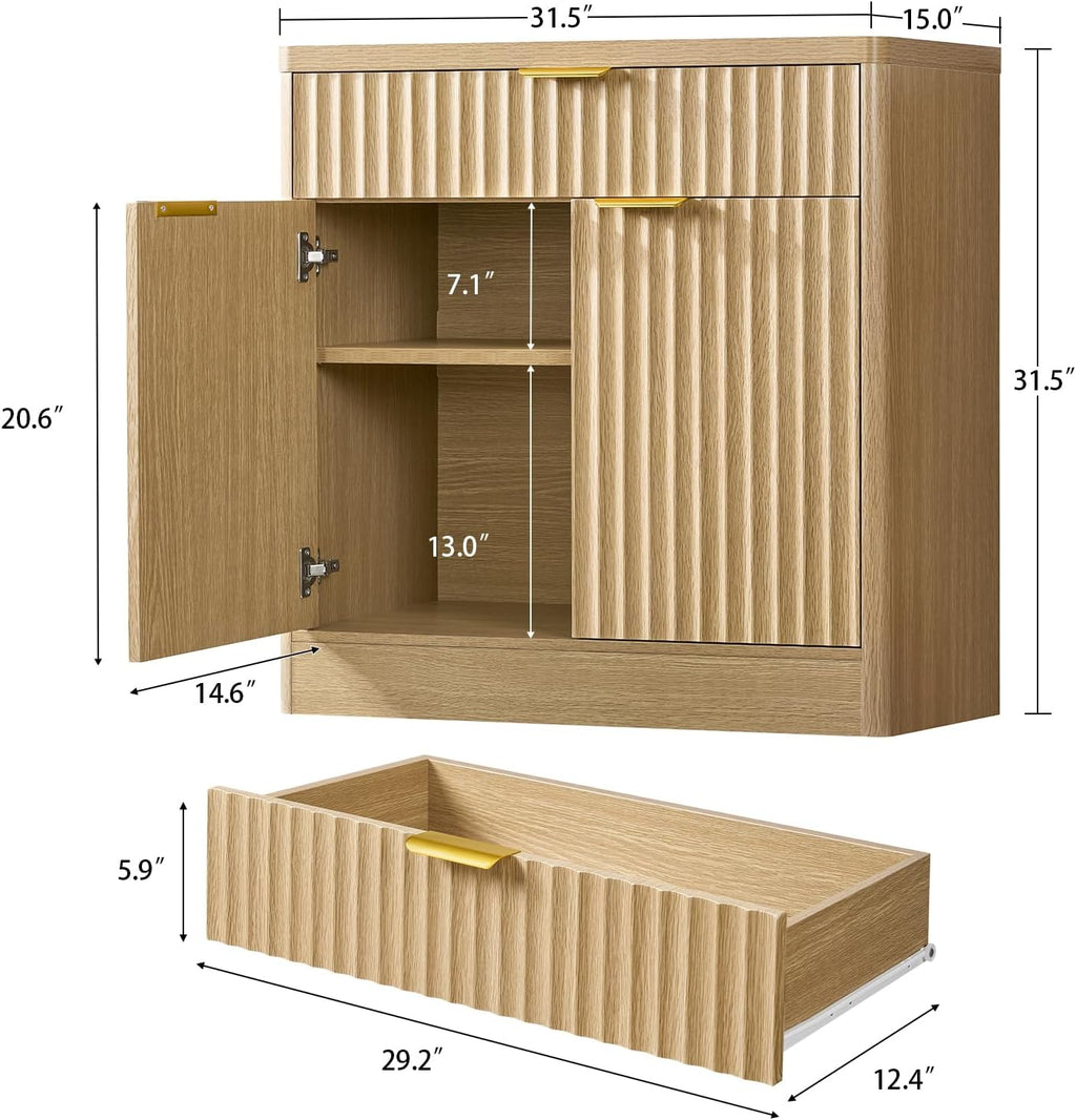 Fluted Buffet Cabinet with Storage, 31.5" Sideboard Cabinet, Coffee Bar Cabinet with 2 Doors and Adjustable Shelf for Living Room, Kitchen, Entryway, Natural