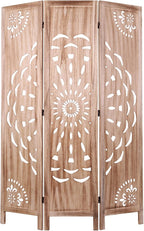 Boho Wood Carved Room Divider 3 Panel 67 Inch, Free Standing Privacy Screen with Anti-Slip Feet, Foldable Partition for Bedroom, Home Office, Headboard and Yoga Backdrop, Brown