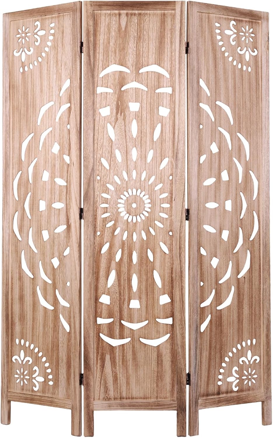 Boho Wood Carved Room Divider 3 Panel 67 Inch, Free Standing Privacy Screen with Anti-Slip Feet, Foldable Partition for Bedroom, Home Office, Headboard and Yoga Backdrop, Brown