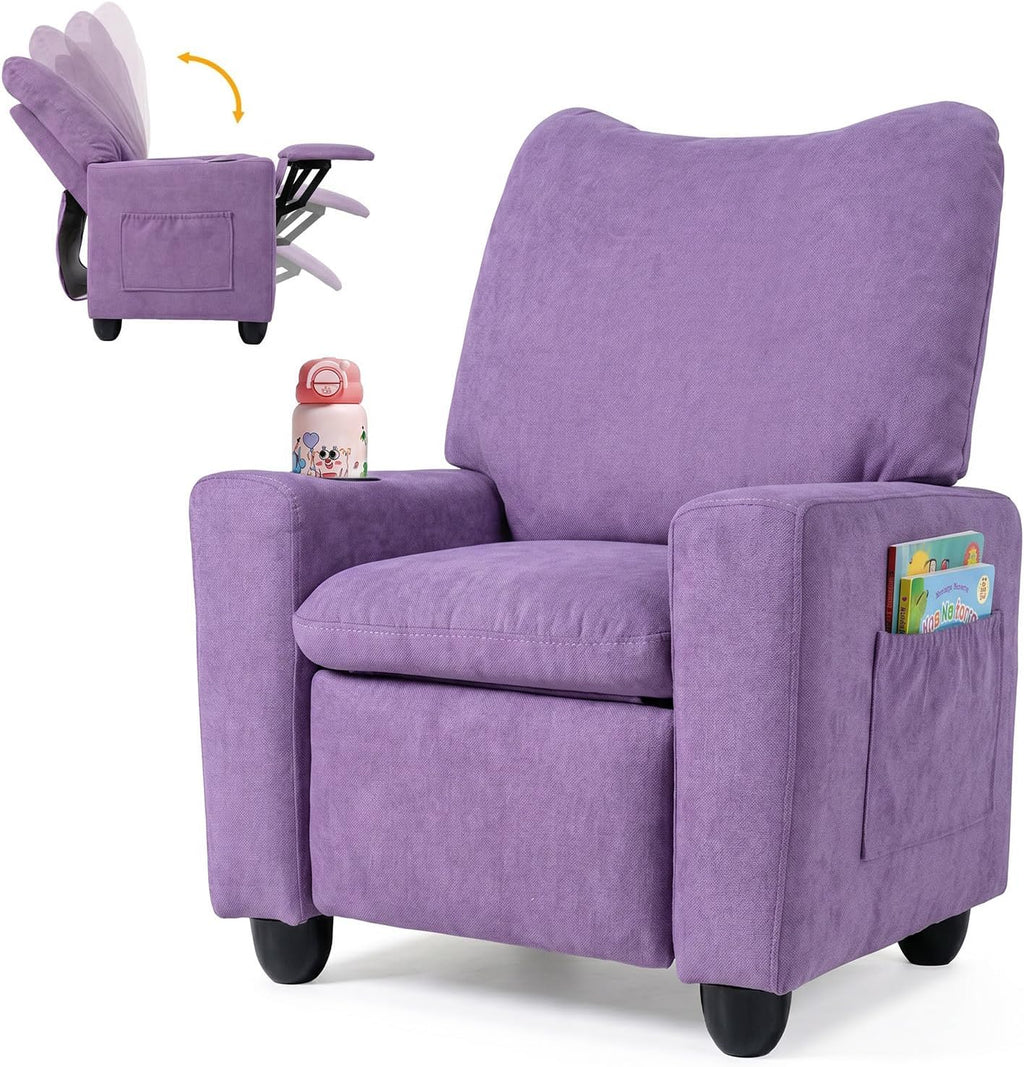 HONEY JOY Kids Recliner with Cup Holder, Chenille Fabric Upholstered Push Back Toddler Sofa w/Storage Pockets, Adjustable Backrest & Footrest, Child Reclining Chair for Ages 3+, Purple