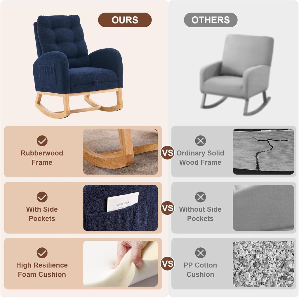 Rocking Chair with Foot Rest for Nursery Room, Teddy Upholstered Rocker Glider Chair with Side Pocket,Solid Wood Legs, High Backrest (Navy Blue)