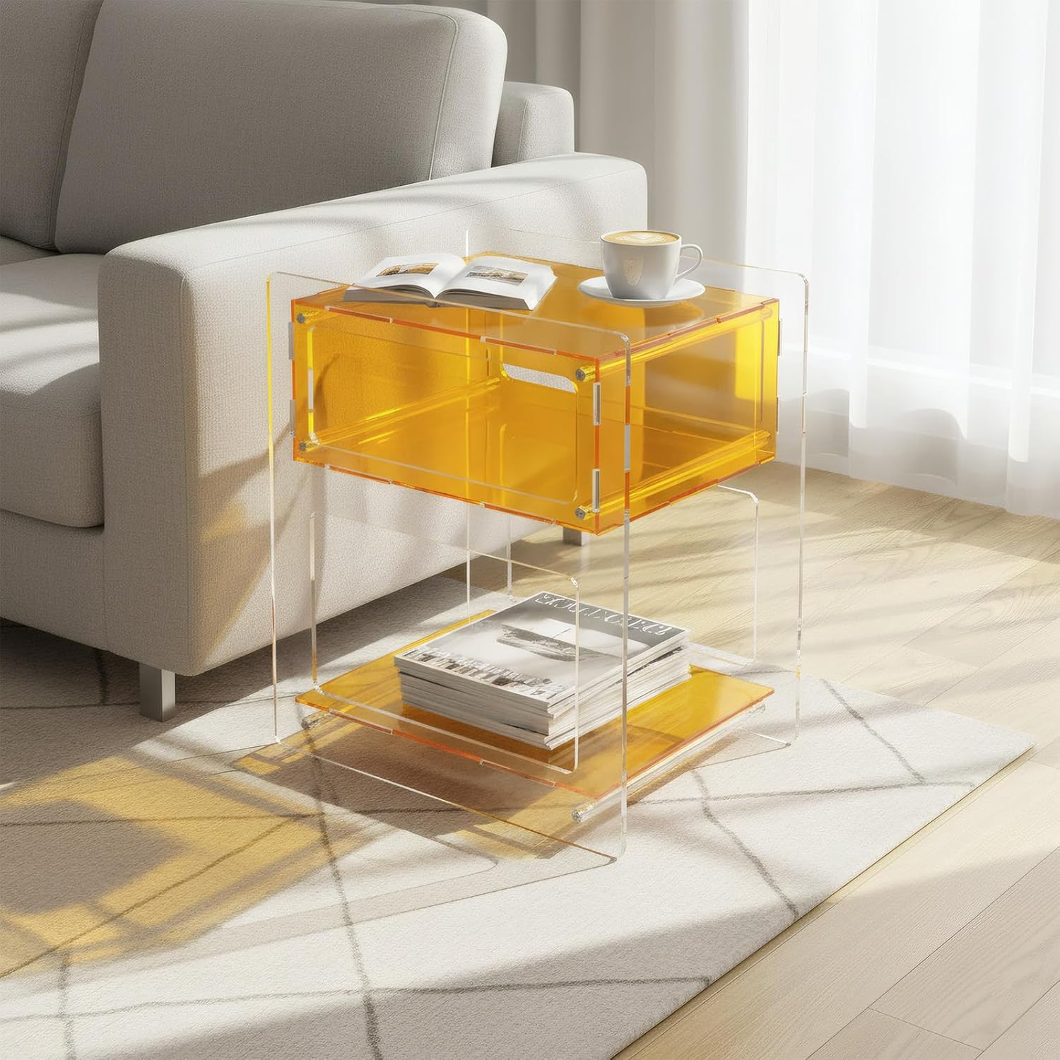 Acrylic Side Table for Living Room, Acrylic Nightstand for Bedroom, Sturdy Coffee Table Accent Furniture for Home, Apartment, Teens & Adults (Orange)