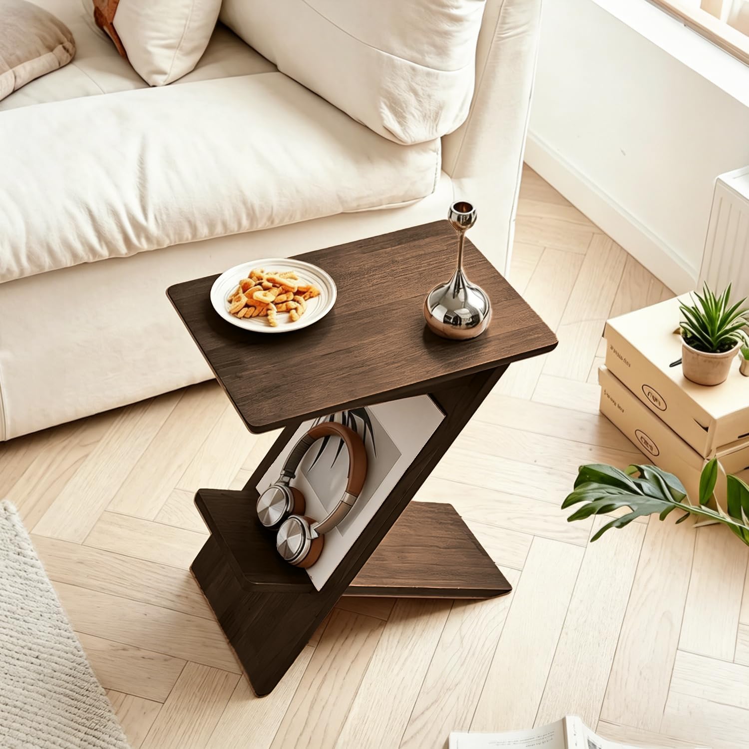 YUNMUARY-C Shaped Couch End Table,Skinny Entryway Table,Modern Wooden Nightstand,11.61 Inches Wide Walnut Slim Side Table for Bedroom,Living Room and Corners,Easy Assembly.