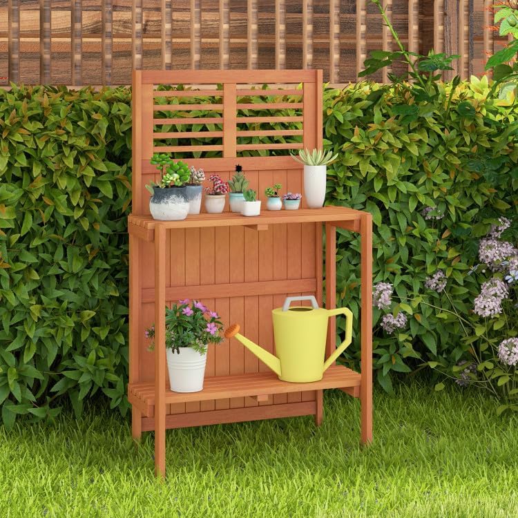 Foldable Wood Potting Bench 2-Tier Storage Shelves Teak Oil Finish Garden Balcony Yard Deck