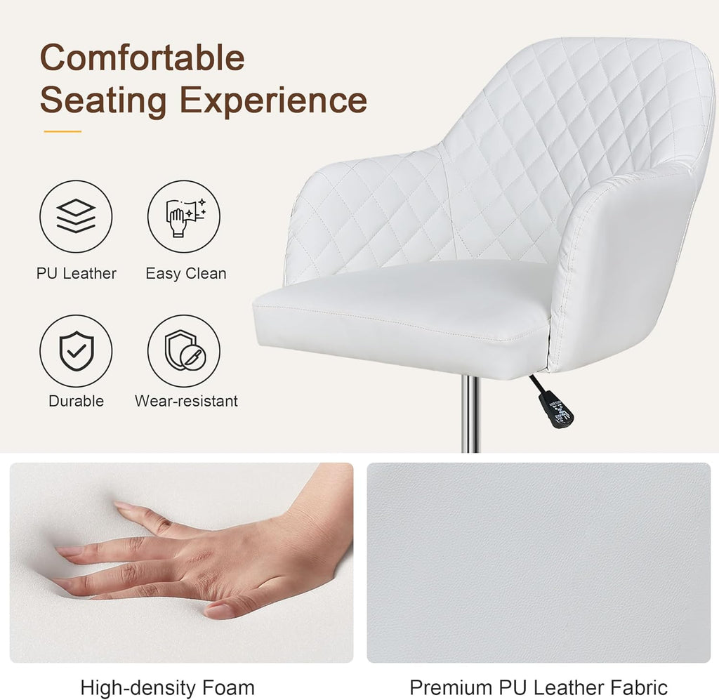 VECELO PU Leather Drafting Chair with Low Back and Footrest Ring, Height Adjustable, Swivel Rolling Wheels, for Drawing/Standing Desk/Office, White