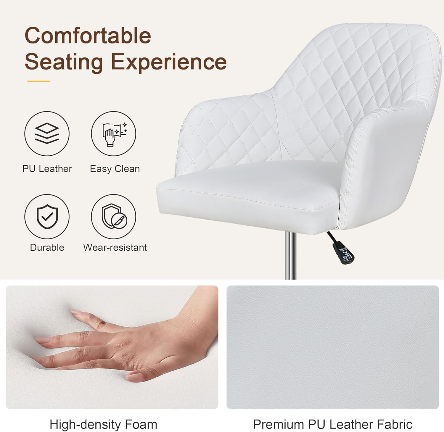 VECELO PU Leather Drafting Chair with Low Back and Footrest Ring, Height Adjustable, Swivel Rolling Wheels, for Drawing/Standing Desk/Office, White