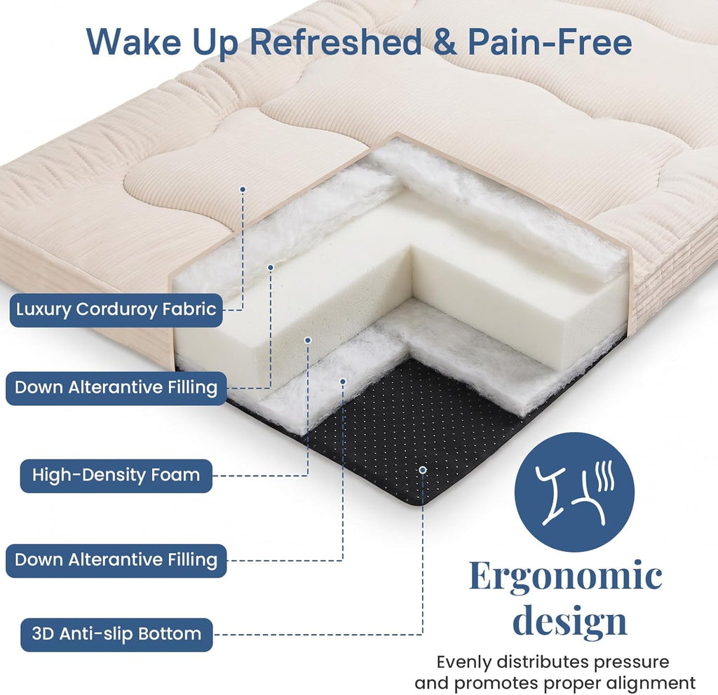 Extra Thick Futon Mattress - Japanese Floor Mattress for Adults, Portable Foldable Sleeping Pad for Guest, Camping, Dorm,Futon Mattress Queen Size with Storage Straps, Beige