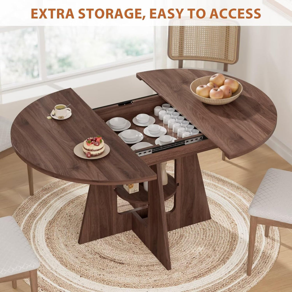 Extendable Round Dining Table for 4-8, 43.3in-59in Modern Kitchen Dining Table with Storage Shelf, Oval Dinner Table, Dining Room for Dining Living Room, Easy Assembly