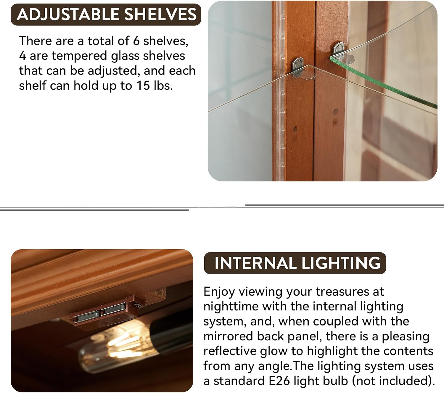 Lighted Curio Cabinet with Tempered Glass Doors, 6 Tiers Curio Diapaly Cabinet with Adjustable Shelves and Mirrored Back Panel, Floor Standing Glass Display Cabinet for Home No Bulb (Walnut)