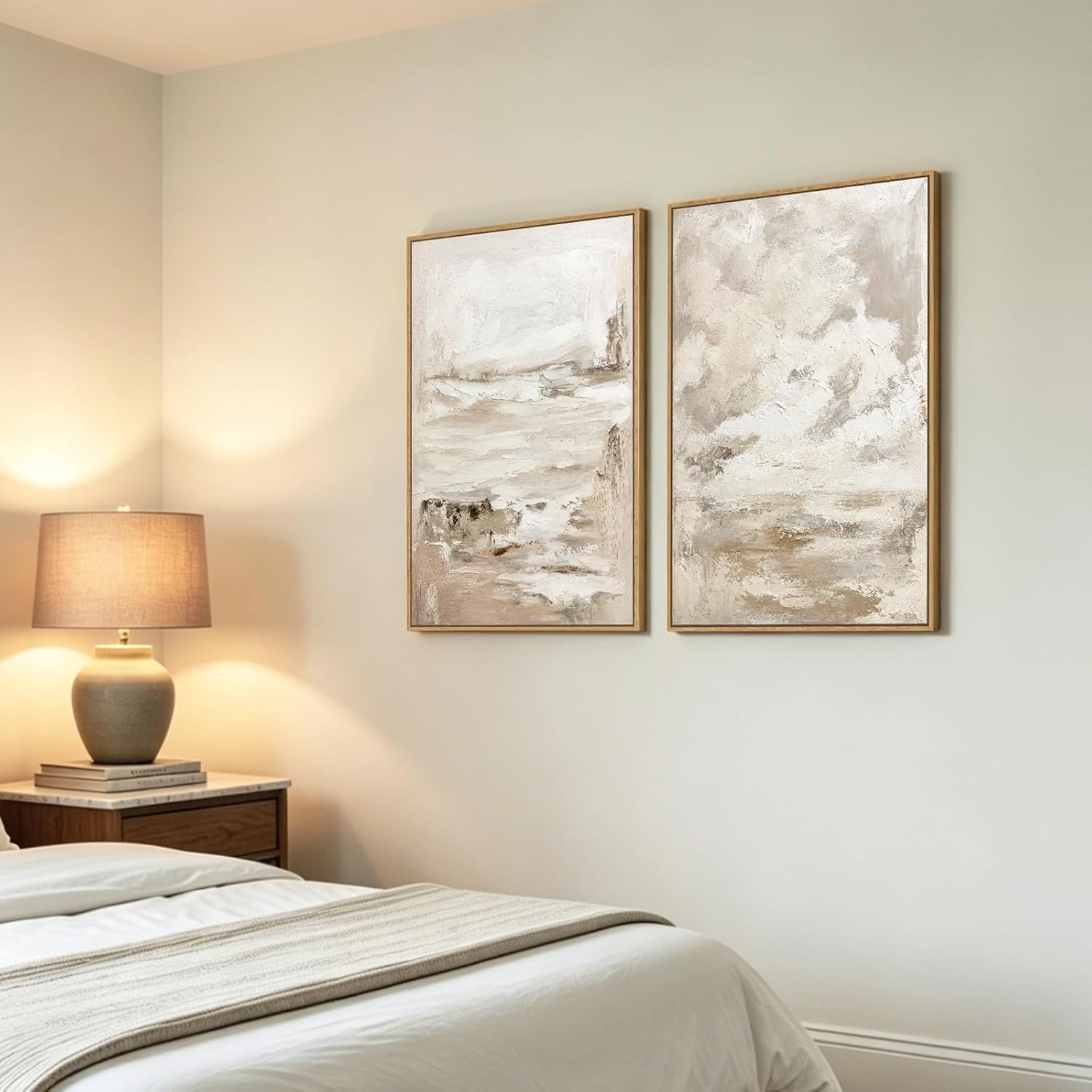 SAFERRYHOME Abstract Landscape Sky Hand Painted Wall Art, Large Textured Neutral Framed Canvas Wall Decor, Modern Minimalist Illustrations Painting Artwork for Home Office Living Room, 24"x36"x2