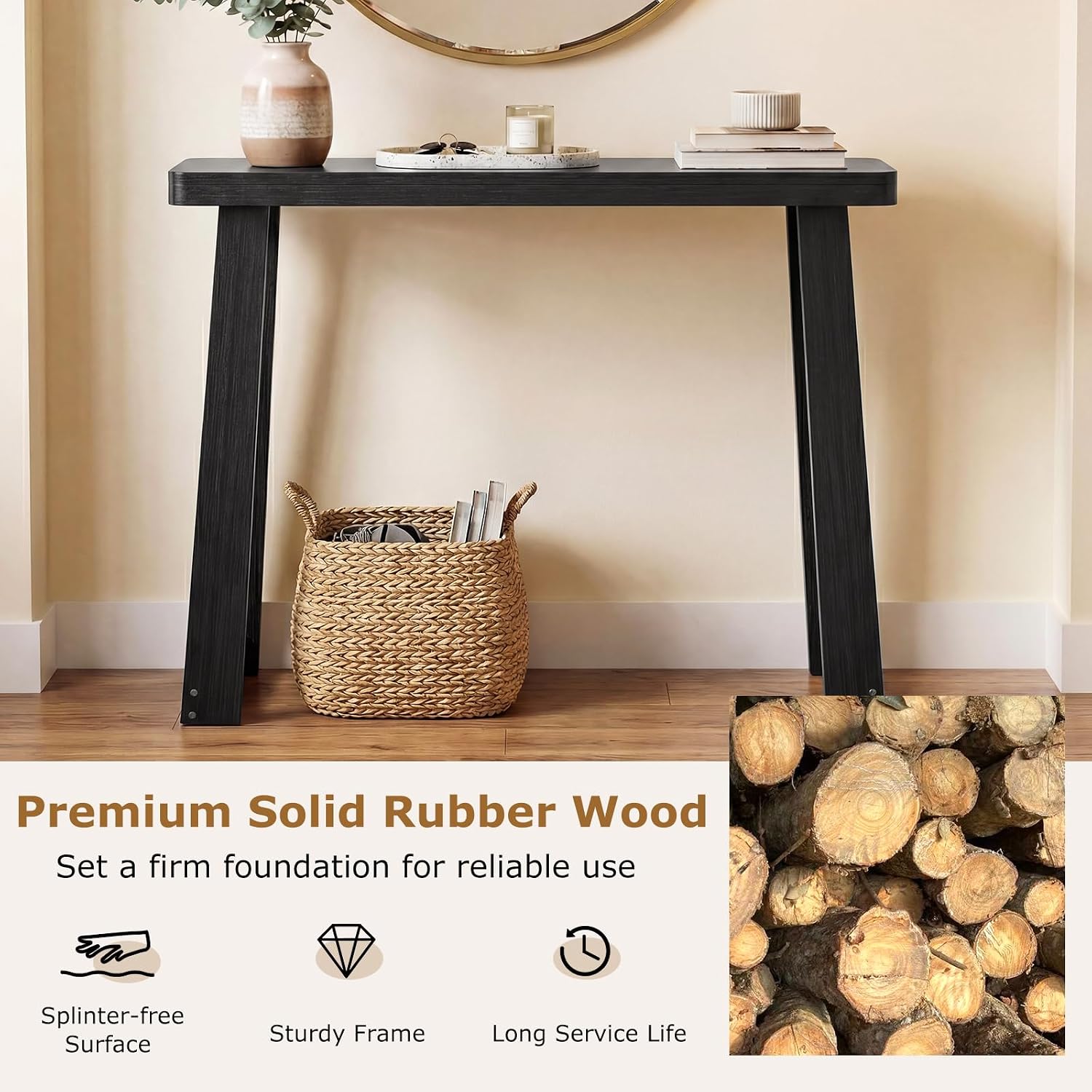 GOFLAME Solid Wood Console Table, 43” Narrow Long Sofa Tables Behind Couch, Rubber Wood, Home Display Accent Table, Farmhouse Entryway Tables for Hallway, Living Room, Foyer, Entry (Black)