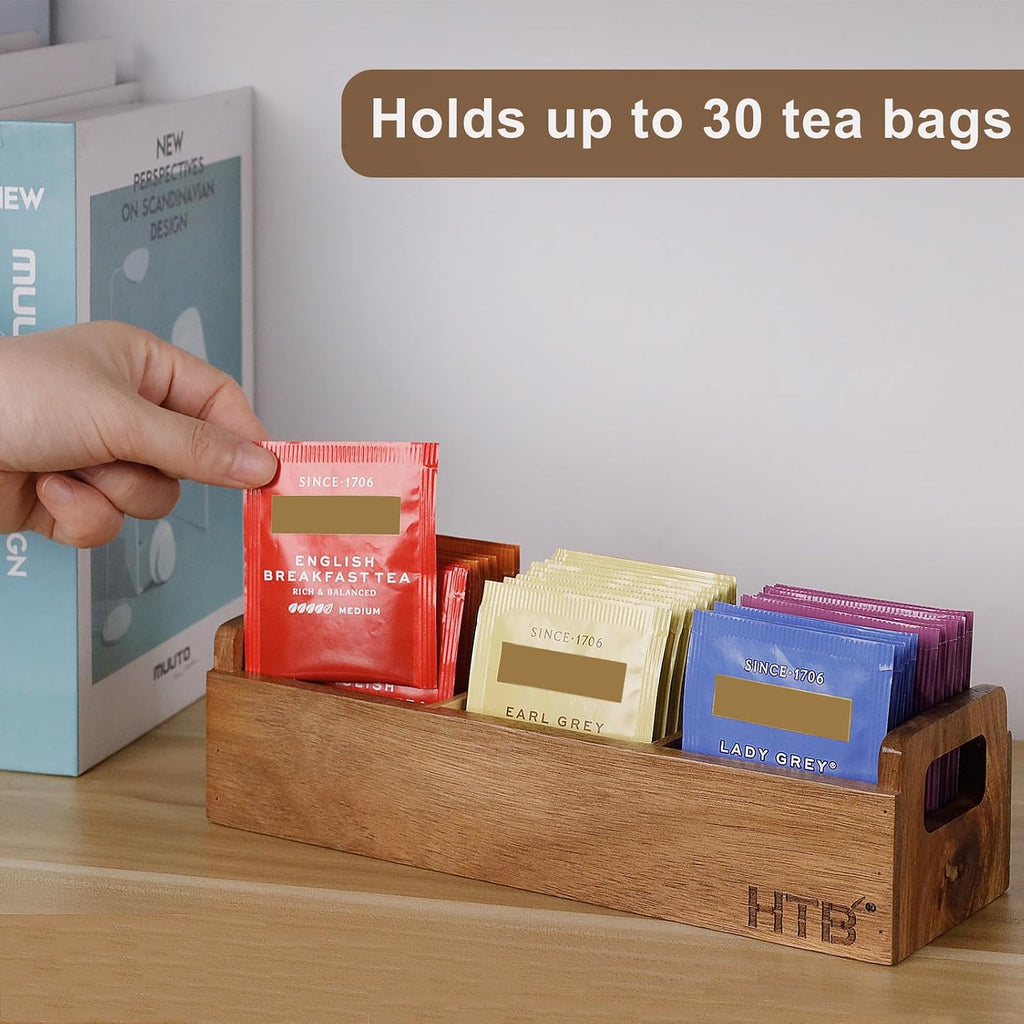 HTB Acacia Wood Small Tea Bag Box with 3 Compartments for Counter Drawer | Tea Bag Chest with Handle, Mini Countertop Divided Storage Container for Beverage Supplies, Sugar, Sweeteners