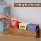 HTB Acacia Wood Small Tea Bag Box with 3 Compartments for Counter Drawer | Tea Bag Chest with Handle, Mini Countertop Divided Storage Container for Beverage Supplies, Sugar, Sweeteners