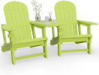 Vongrasig Adirondack Chairs Set of 2 with Removable Tabletop, Outdoor HDPE Plastic Fire Pit Chair Set with Wooden Textured, Cup Holder for Patio, Poolside, Deck, Garden, Green, 3 Pieces