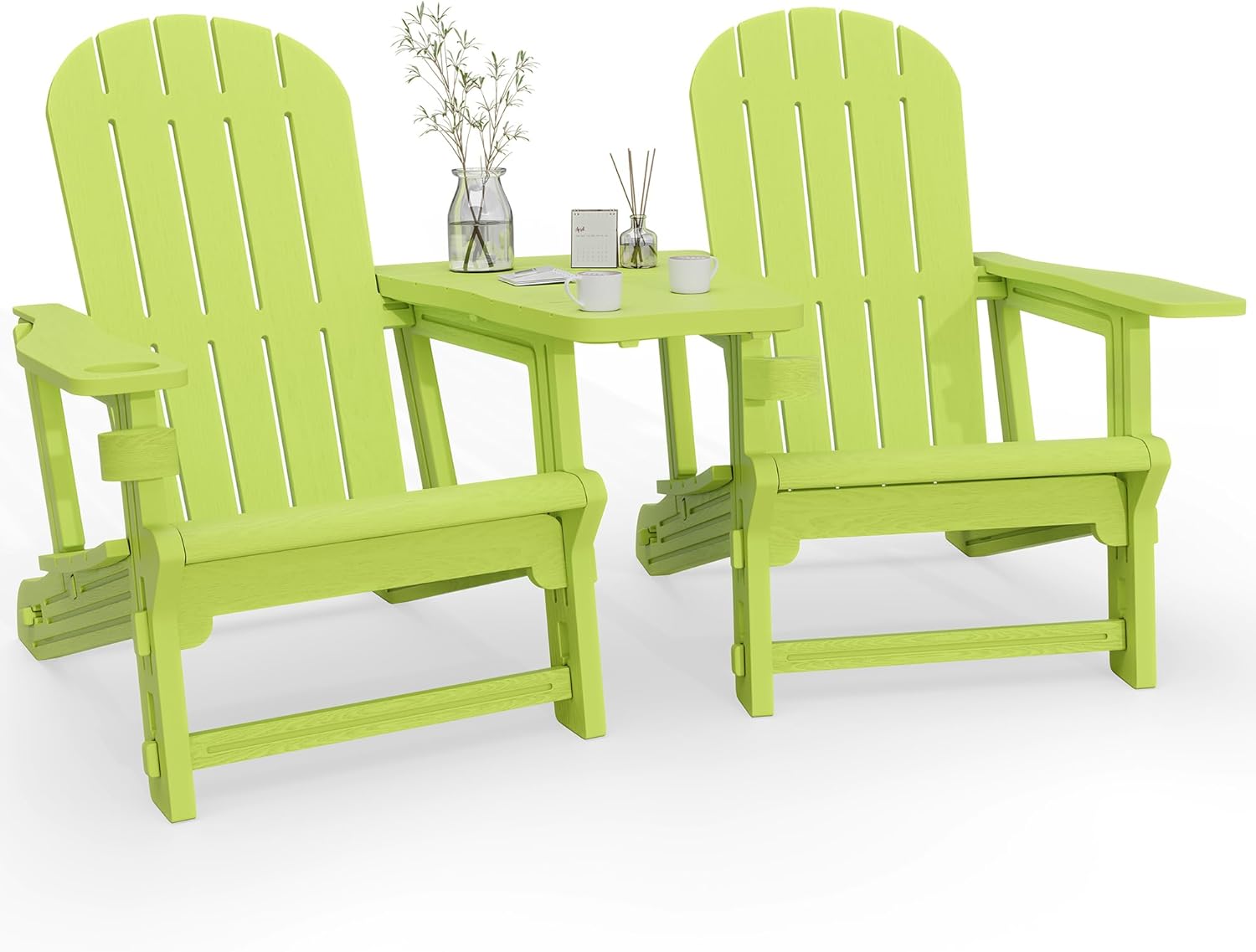 Vongrasig Adirondack Chairs Set of 2 with Removable Tabletop, Outdoor HDPE Plastic Fire Pit Chair Set with Wooden Textured, Cup Holder for Patio, Poolside, Deck, Garden, Green, 3 Pieces