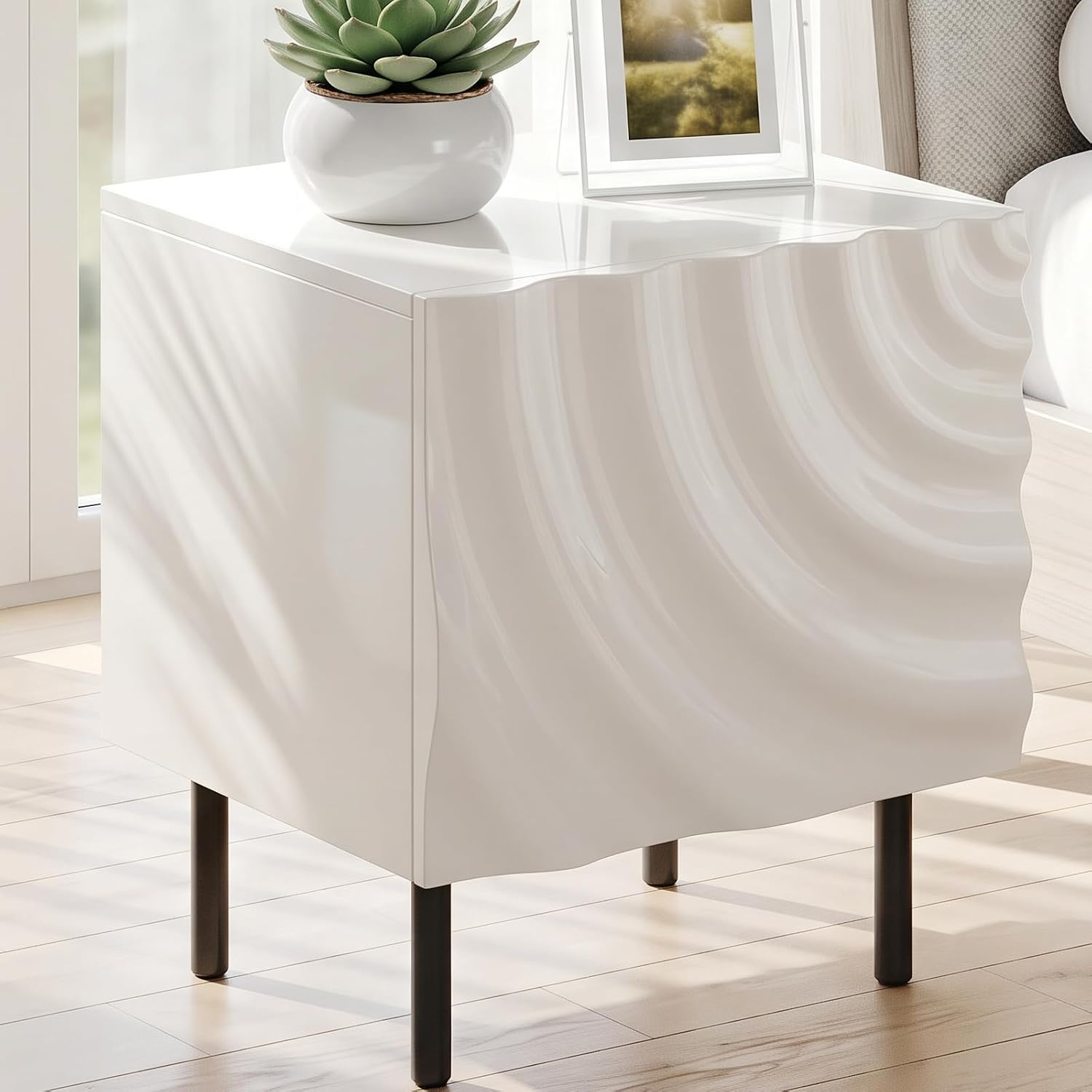 Nightstand Set of 2, Unique Design Side Table Set, Small Bedside Accent Table with Storage and 4 Metal Legs for Bedroom,Living Room and Small Spaces