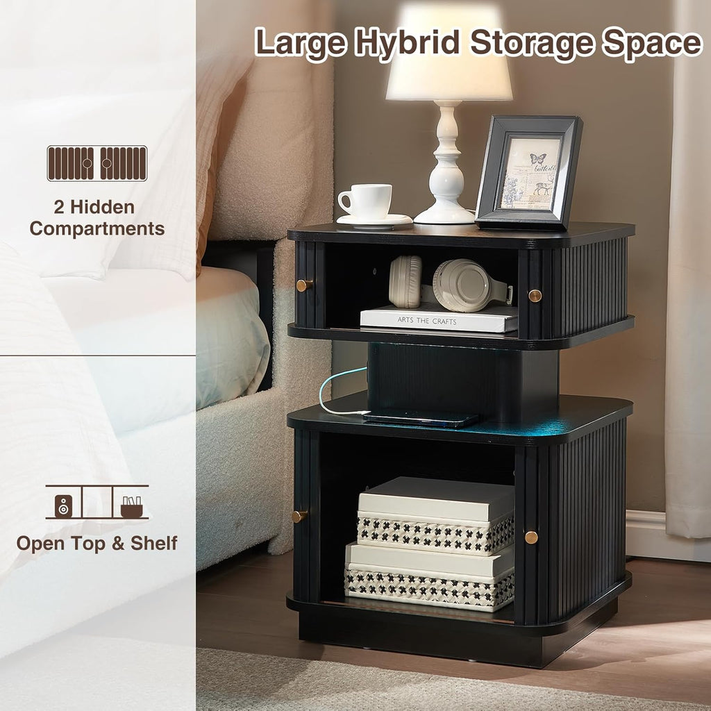 LED Light End Table with Charging Station, Black Smart Mid Century Bedside Table with USB Type A C Ports, Small Fluted Accent Control Nightstand with 2 Sliding Door for Living Room, Curvy Edge
