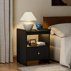 HIFYOBRO 21.6" Fluted Nightstand, End Table with Charging Station and LED Light, Modern End Side Table with Drawer (Black)