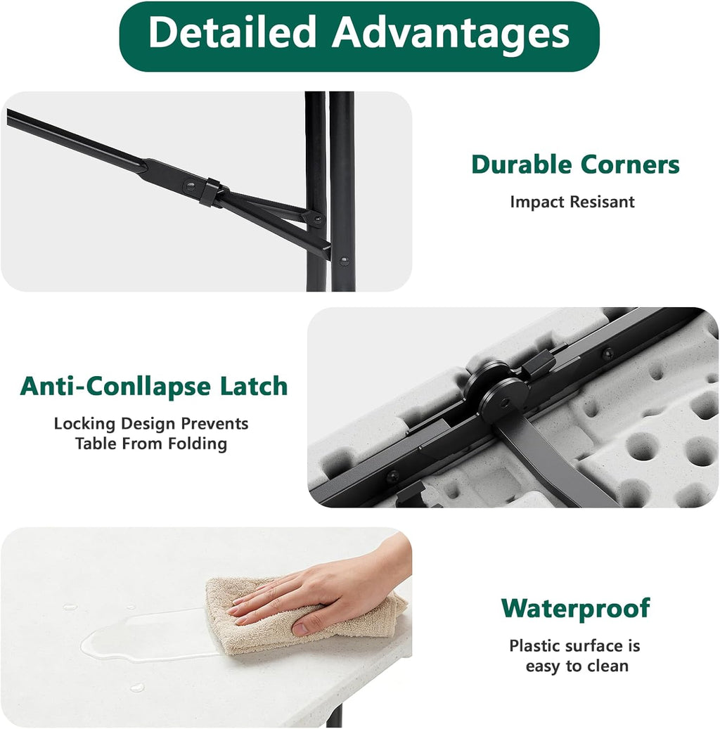 2 Pack Folding Table 6ft - Heavy Duty Plastic Table with Handle, Foldable & Portable, Fold-in-Half Utility Tables for Outdoor, Dining, Wedding, Events, Indoor, Picnic, Camping, Party(White)
