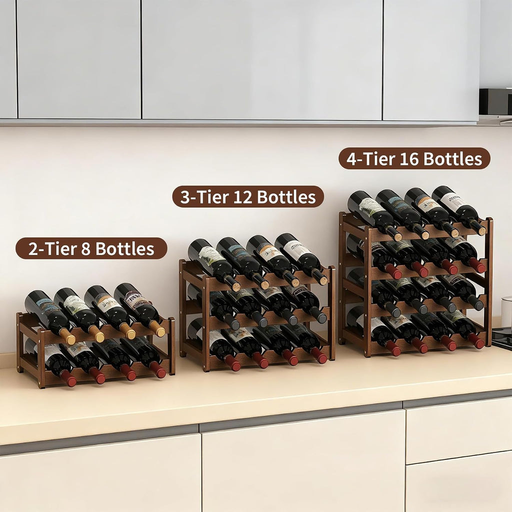 Wine Rack 16-Bottle Capacity, Space-Saving Countertop Wine Storage Organizer – Sturdy Bamboo Wine Holder for Kitchen, Bar,Cabinets & Pantry, Easy Access & Clutter-Free Organization(4-Tiers)