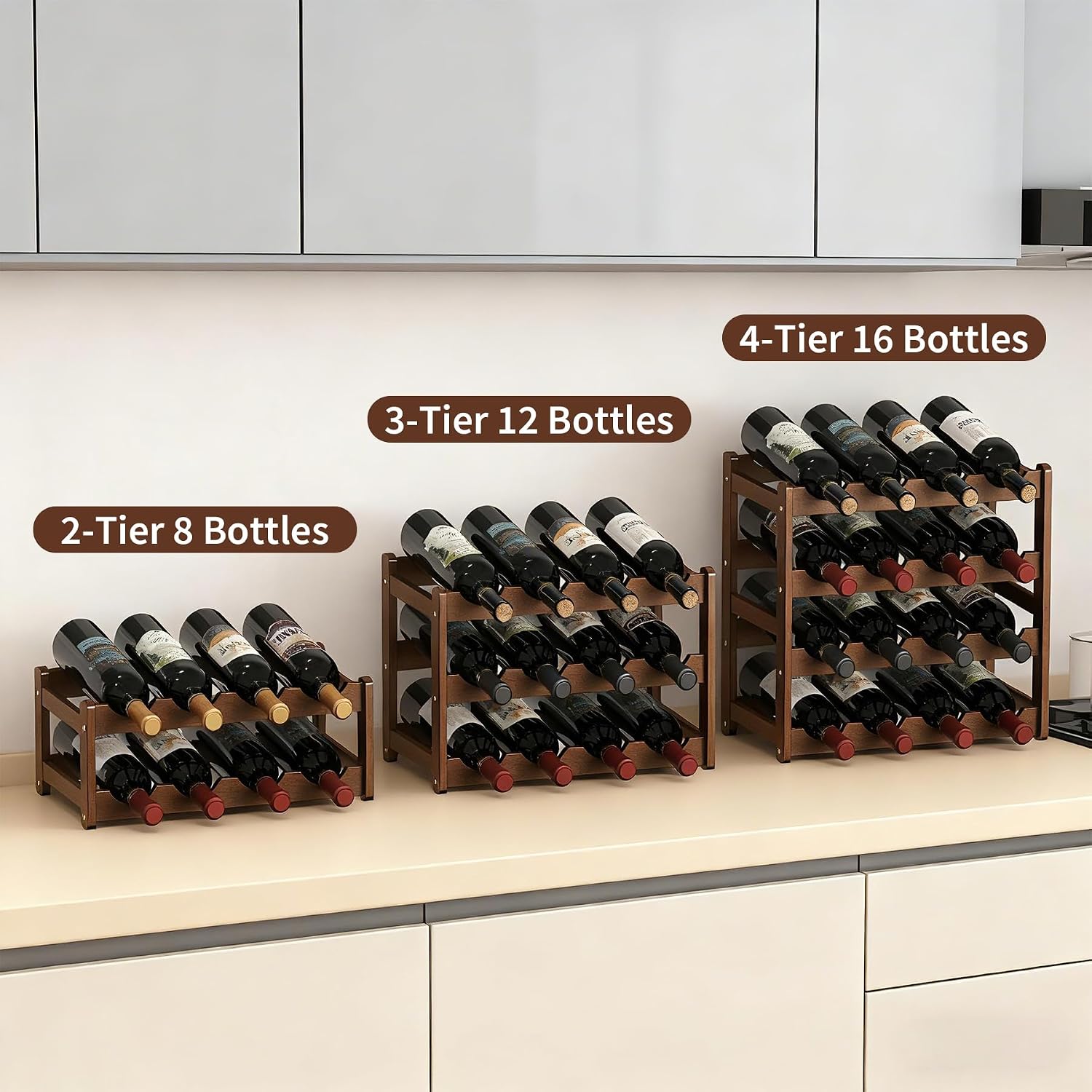Wine Rack 16-Bottle Capacity, Space-Saving Countertop Wine Storage Organizer – Sturdy Bamboo Wine Holder for Kitchen, Bar,Cabinets & Pantry, Easy Access & Clutter-Free Organization(4-Tiers)