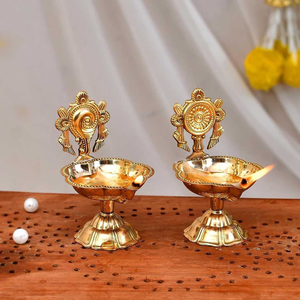 DSS-Pure Brass Shanku Chakra kuber Diya Diwali Decoration Item for Home Decor - Brass shanku Chakra kuber Diya for puja Room & Office Decor, Living Room, Diwali Festival Gift Item